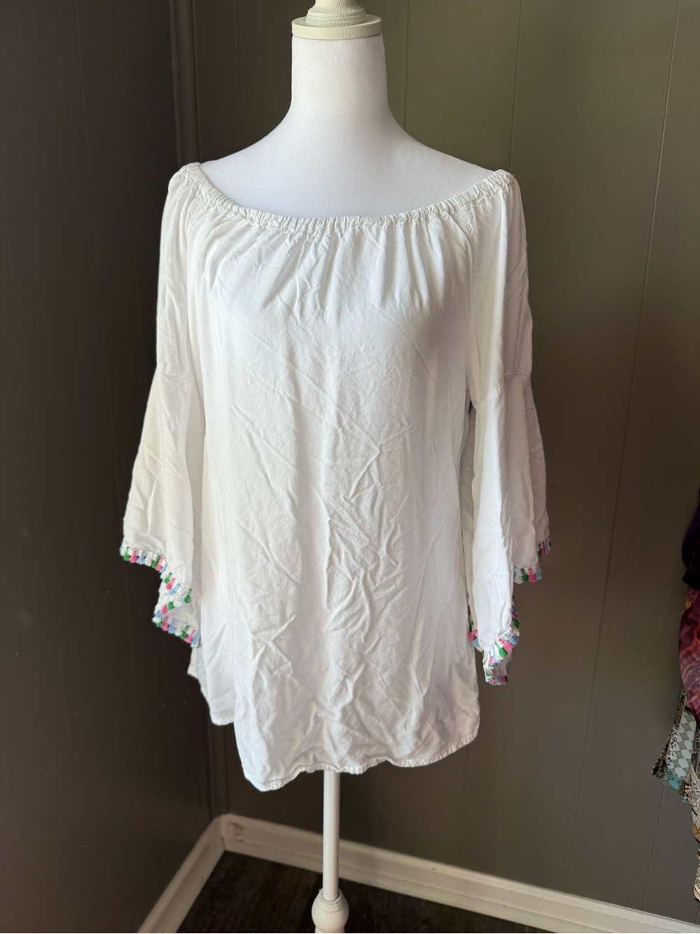 Melissa Paige White Off-Shoulder Tunic with Multicolor Pom Trim